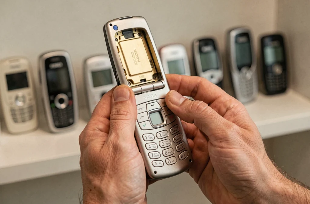 Mains d'un collectionneur tenant un Nokia 8800 ouvert révélant le clavier et les détails intérieurs dorés caractéristiques d'un modèle original, avec étagère de téléphones vintage en arrière-plan flou.