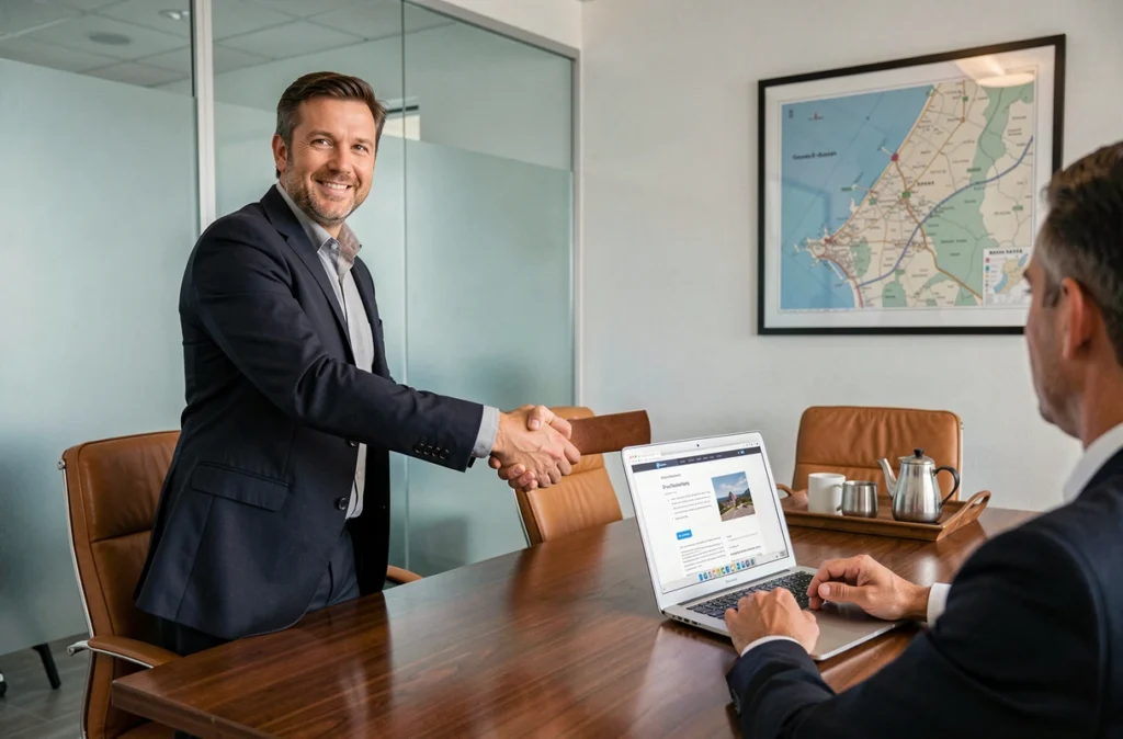 Commercial de Partner Web en réunion client avec une proposition de site web sur ordinateur portable dans une salle moderne