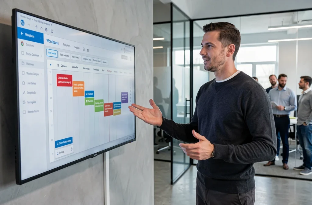 Chef de projet de l'agence Pilot'in présentant un planning de développement WordPress à son équipe