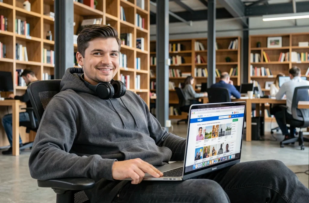 Développeur front-end de Snazzy travaillant sur une boutique e-commerce depuis un espace de coworking moderne