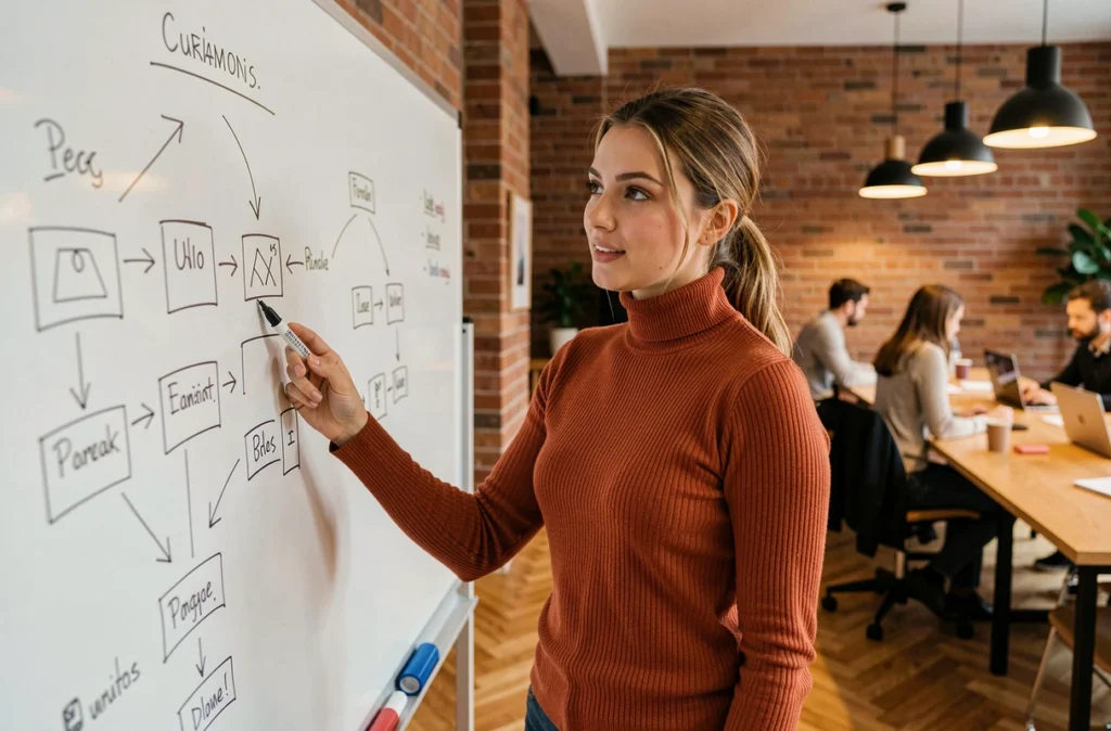 Designer UX de l'agence Tassita expliquant un wireframe sur un tableau blanc dans un studio créatif aux murs en briques