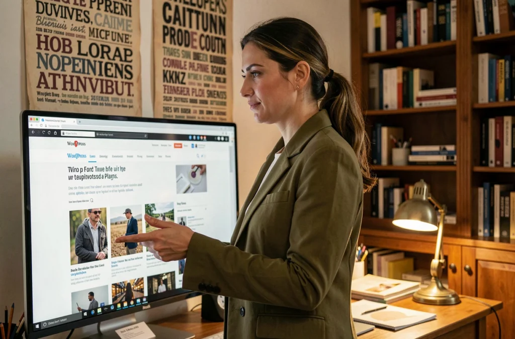 Directrice créative de l'agence Whodunit révisant la mise en page éditoriale d'un site WordPress
