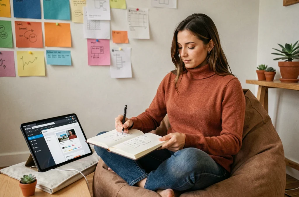 Designer UX de l'agence Youdemus esquissant des maquettes de site WordPress dans un studio créatif
